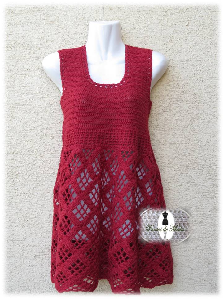Vestidos Crochet Rombos Lana Natural color rojo